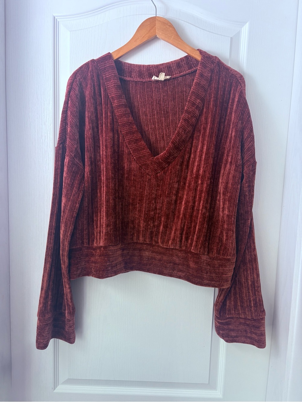 entro Ribbed V-Neck Chenille Sweater in Rust